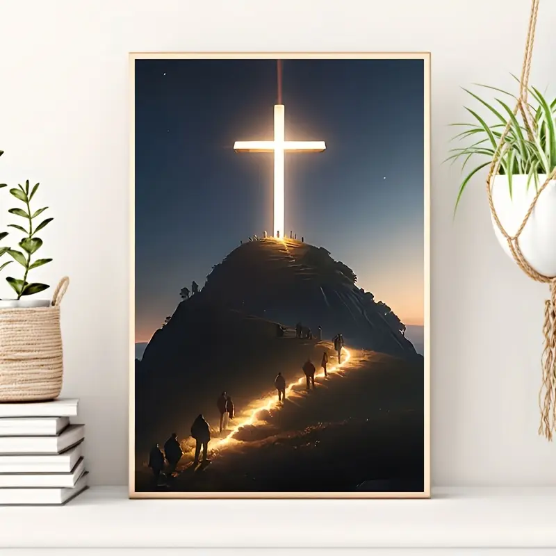 Illuminated Cross on Mountain Canvas Print Poster Religious Theme Durable Waterproof Artwork Unique Creative Wall Decor for Living Room Bedroom Office Dining Room Bar Perfect Gift for Religious Individuals Home Decor Enthusiasts