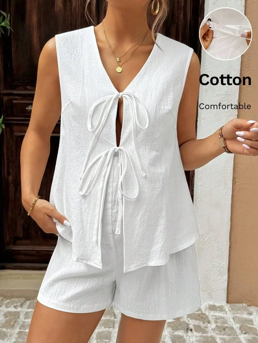 2pcs Set, Solid Color V-Neck Tie-Front Sleeveless Top And Shorts For Pregnant Women White Cotton Two Pieces Romper Outfit