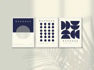 Bauhaus Blue Poster Set of 3 - Mid-Century Modern Art Print, Bauhaus Print, Bauhaus Wall Art, Home Office Decor,