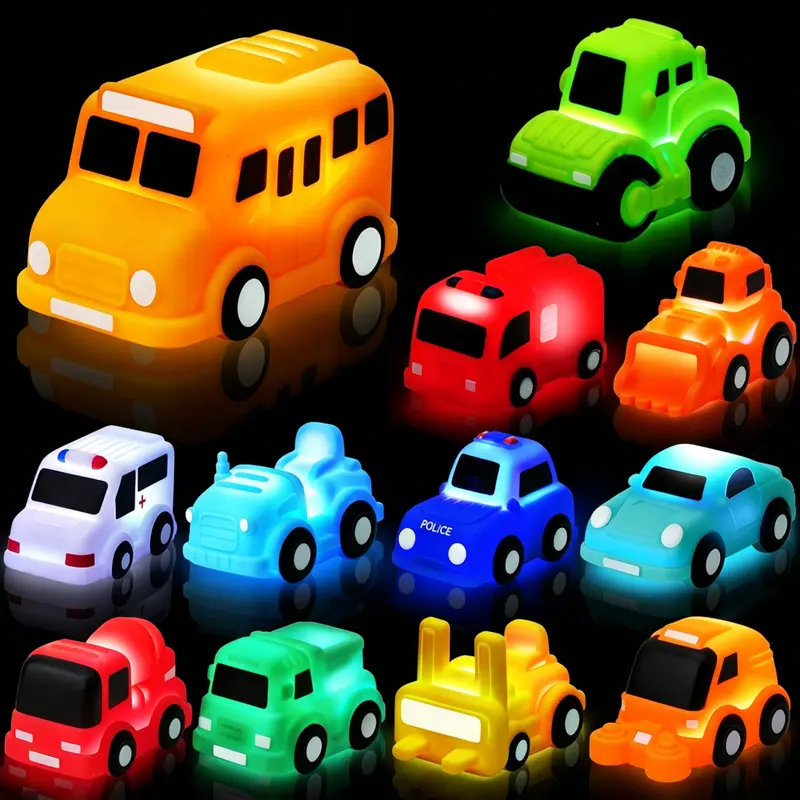 Unisex 6-Pack LED Light-Up Vehicle Toys Set - Traffic & Construction Cars, Safe Plastic Kids Toys with Water-Activated Flashing Soft LED Colors, Cool Gifts for Kids for Bathtub Use