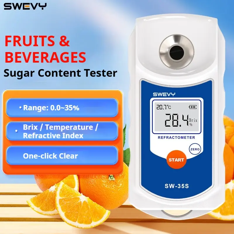 SWEVY SW-35S Portable Brix Refractometer, LCD Display 0-35% Brix Range, Smart Analysis Sugar Concentration Meter, Measures Sugar, Refraction, Temperature, Beverages, Detector