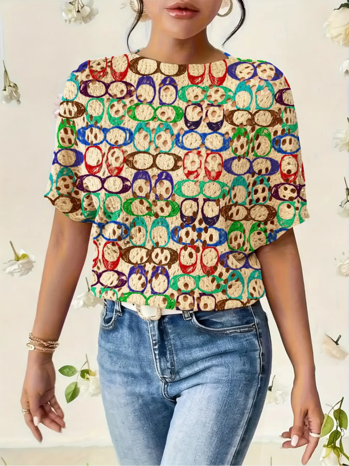 Women's Geometric Pattern Colorblock Print Round Neck Fitted Sweater, Casual Batwing Short Sleeve Knitwear for Fall Winter, Comfortable Warm Clothing Top Piece
