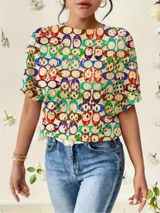 Women's Geometric Pattern Colorblock Print Round Neck Sweater, Casual Batwing Sleeve Knitwear for Fall Winter, Comfortable Warm Clothing