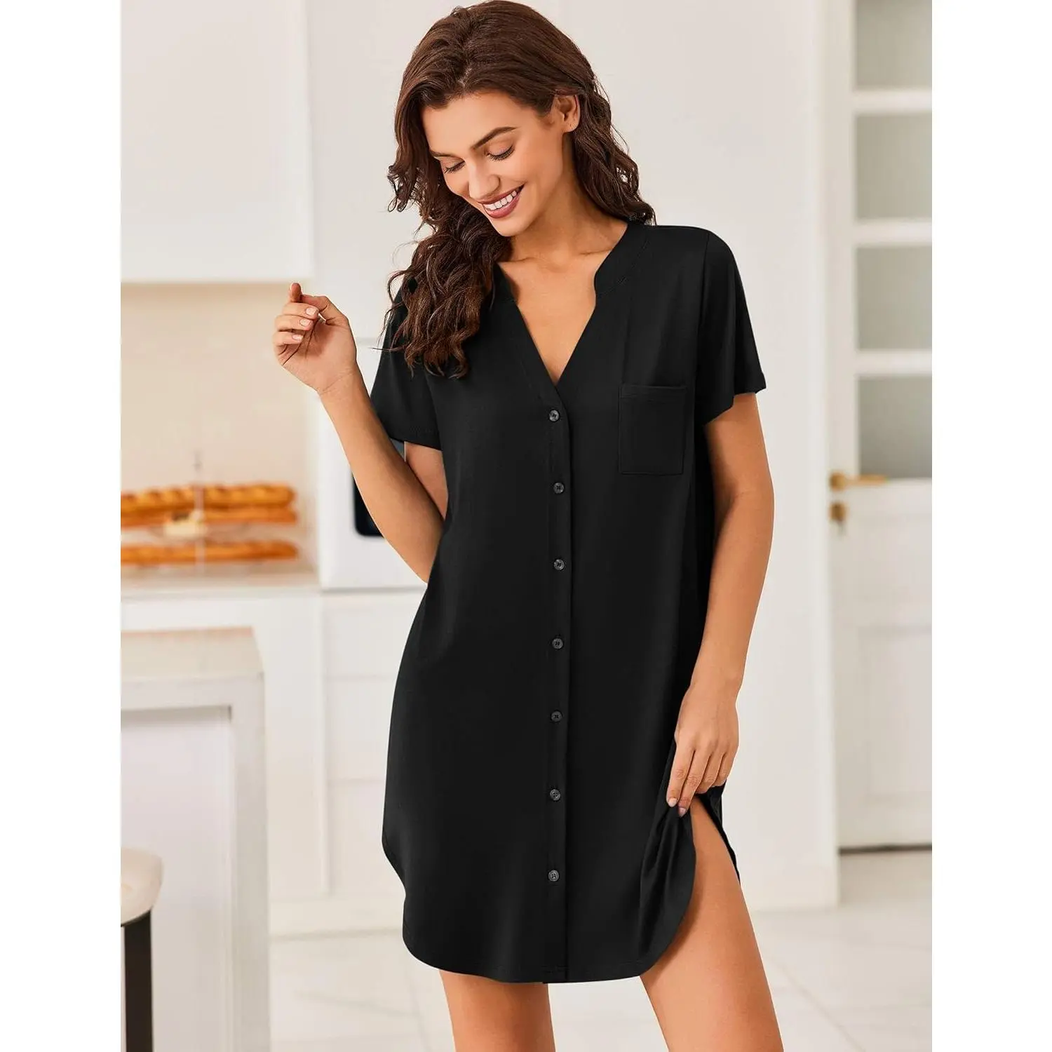 Women V Neck Button Down Nightgown Women V Neck Button Down Nightgown