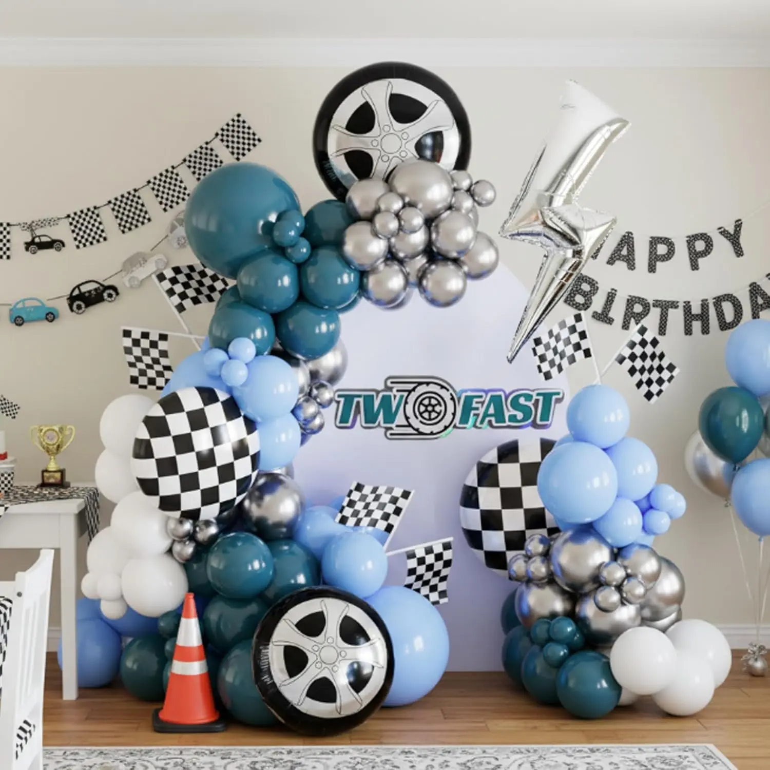 Blue Race Car Balloon Arch Kit with Lightning & Tire Balloons for Racing-Themed Birthday Party