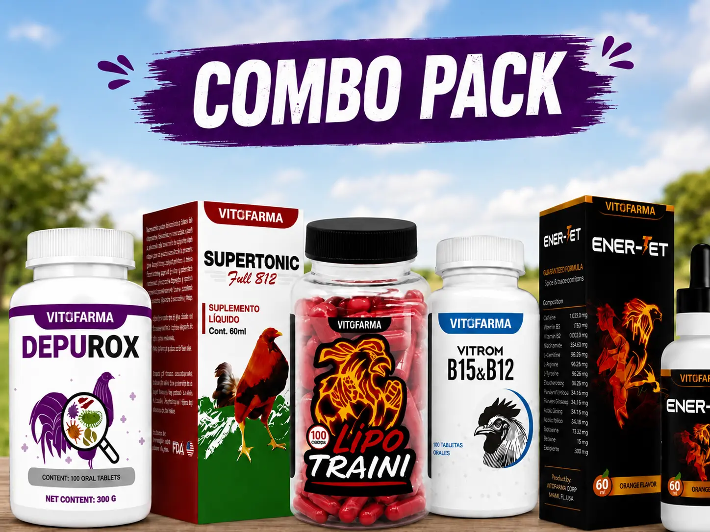 Vitofarma Premium Bird Healthcare Nutrition Combo with Vitamins, Zinc, Herbal Extracts | Depurox, Supertonic Full B12, Lipo Traini, Vitrom B15, Ener-Jet 60ml | 100 Oral Tablets for Digestion & Healthy Energy