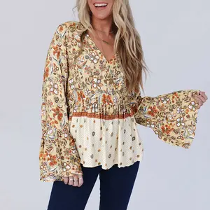 Yellow Printed Floral Bell Sleeve V Neck Wrapped Contrast Peplum Blouse