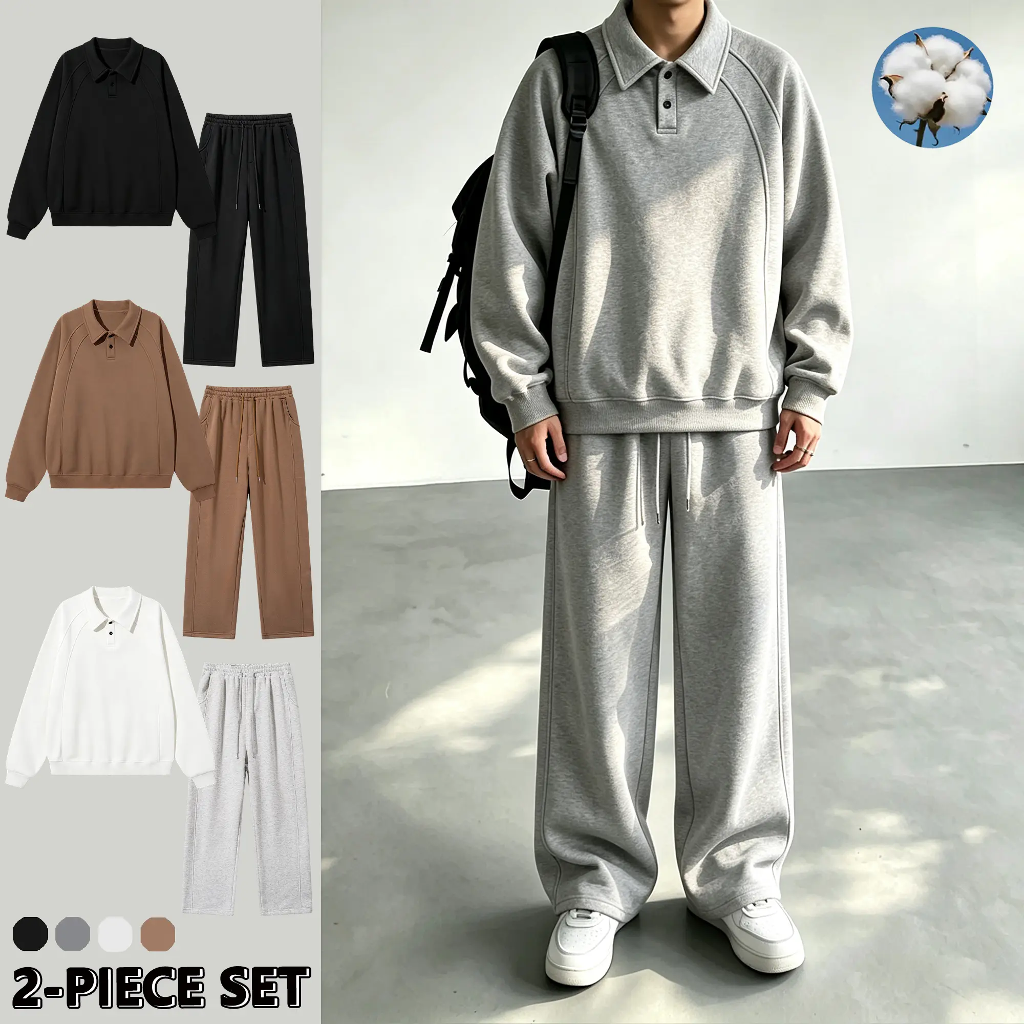 EKF Premium Soft Cotton Men's 2-Piece Streetwear Loungewear Set - Turn-Down Collar Raglan Sleeve Polo Sweatshirt, Drawstring Elastic Wide-Leg Sweatpants