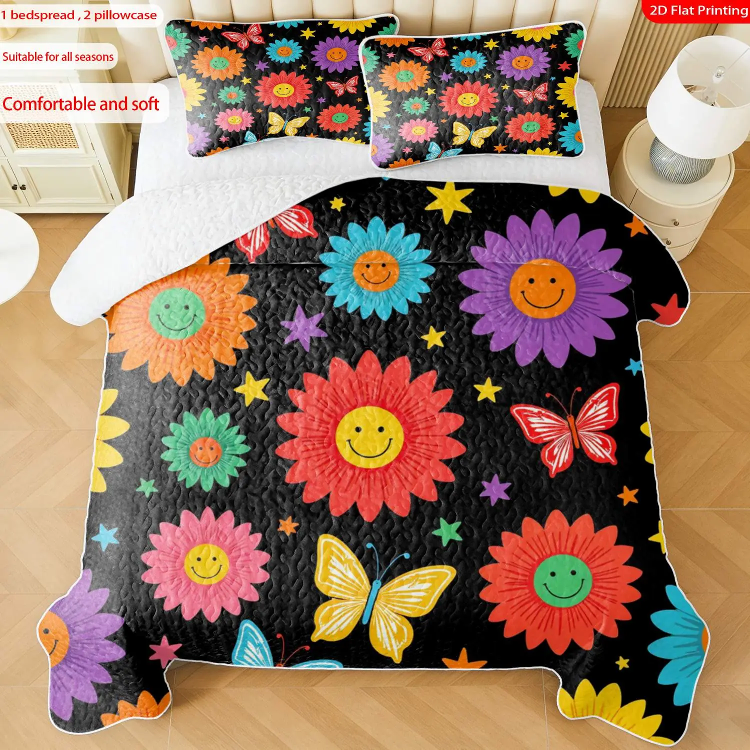 3 pcs, 2D Flat Print Colorful Flower Butterfly Pattern Bedspread Set, Soft and Comfortable, Multiple Sizes Available, Suitable for Gifting and Daily Use, Ideal for Creating a Cozy Home Atmosphere(1 bedspread , 2 pillowcases)