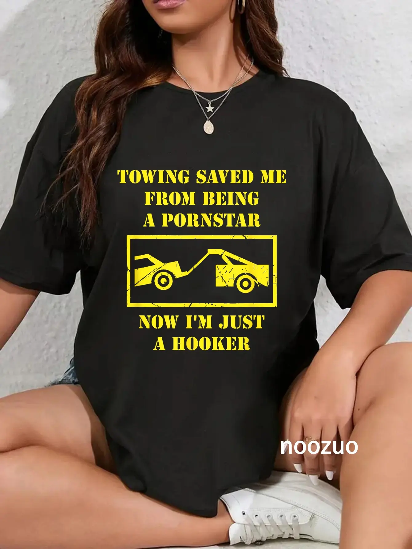 Women's 100% Cotton Round Neck Graphic T-Shirt, Casual Fit Everyday Tops with "Towing Saved Me" Funny Slogan