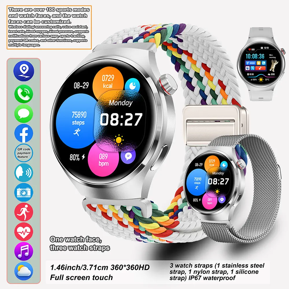 Sports smartwatch with a 1.46-inch touchscreen and multiple straps, featuring over 100 sports modes and watch faces, including activity tracking and health monitoring; the frame is made of high-quality zinc alloy and can connect to smartphones.
