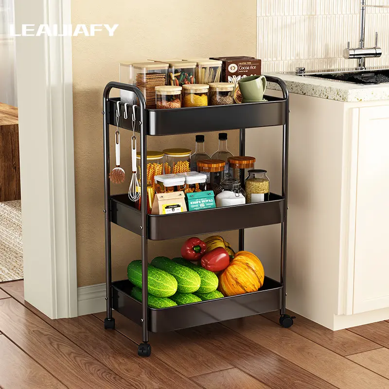 LEAIJIAFY Storage Cart, Carbon Steel Multi-Tier Shelving Unit, Mobile Design for Home Use—Kitchen, Living Room, Bedroom Floor Storage; Kitchen Shelf for Snack Storage