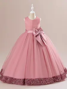 Kids Clothes Long Sequins Bow Mesh Ball Gown Children Performance Princess Formal Evening Party Pageant Prom Host Cocktail Dress Flower Girls for all Season 4 to 14 Years Satin Tutu Dress Tulle Dress