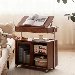 Wayshome Solid Wood Storage Side Table with Wheels, Lift End Table with Adjustable Desktop, Multi-Functional Storage Cabinet with Ample Space for Living Room, Bedroom(Fully Assembled Furniture, Walnut)
