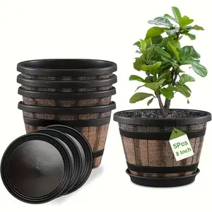 Set of 5 8-Inch Whiskey Barrel Style Planters with Saucers, Indoor & Outdoor Use, Plastic Faux Wood Look, Drainage Holes, Garden Patio Decor, Flower Pots
