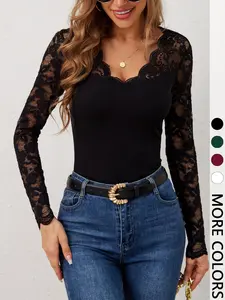 Sexy Lace Patchwork Long-Sleeve Top, V-Neck Slim Fit Stretch Layering Top with Transparent Lace Sleeves for Night Out, All-Season Chic Fashion Womenswear