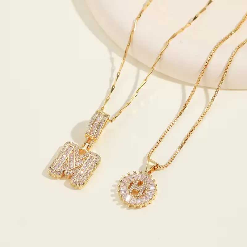2 Count initial Letter Necklace Set with Zirconia Stones| Golden/Silver Bubble  Necklaces for Women| Iced Out  Necklace For Men| Birthday Gifts Anniversary Gift|  Letter Alphabet Necklace Zircon Stone pendant necklace initial zirconia stone