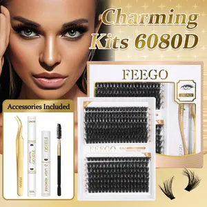 FEEGO 6080D Eyelash Extension Set 280pcs with Cluster Eyelash 10-18mm Beginner's Eyelash Duo Adhesive Remover Tweezers Brush (D Series Set)