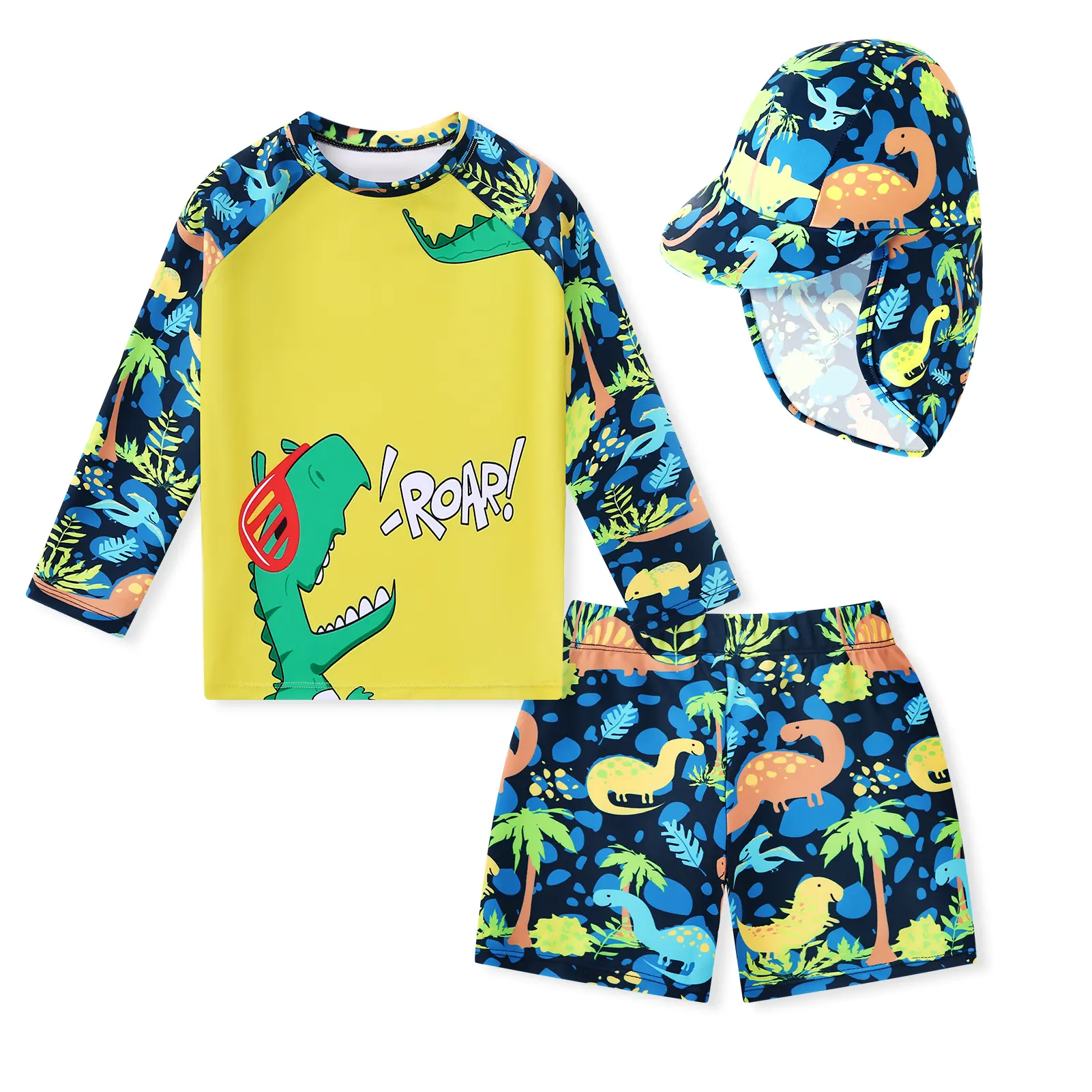 Boys' 3PCS Dinosaur Crew Neck Rashguard Swimsuit Set - Long Sleeve Top, Slim-Fit Swim Shorts, Sun Hat Beachwear