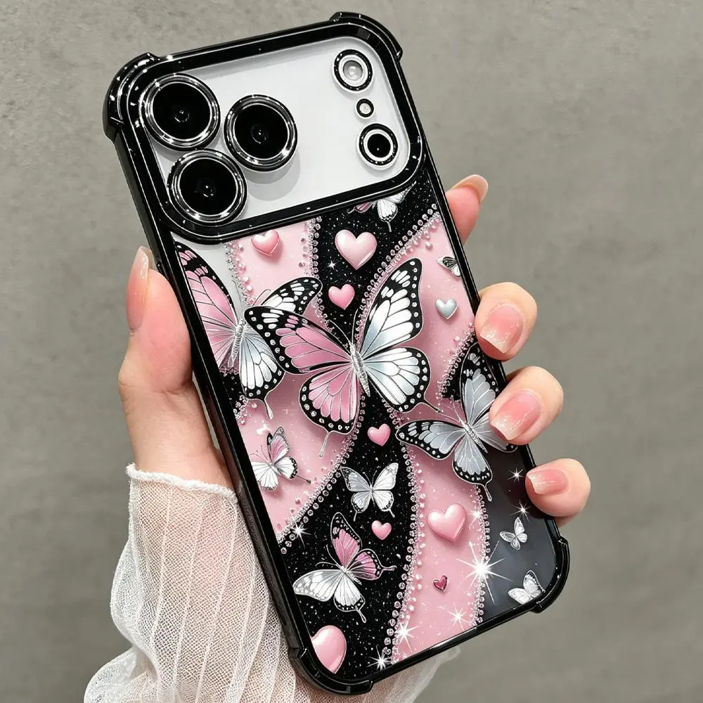 Pink Black Butterfly Heart Phone Case, Coquette Aesthetic Cute Case for iPhone 17 16 15 14 13 12 11 Pro Max Plus Air Smartphone Protective