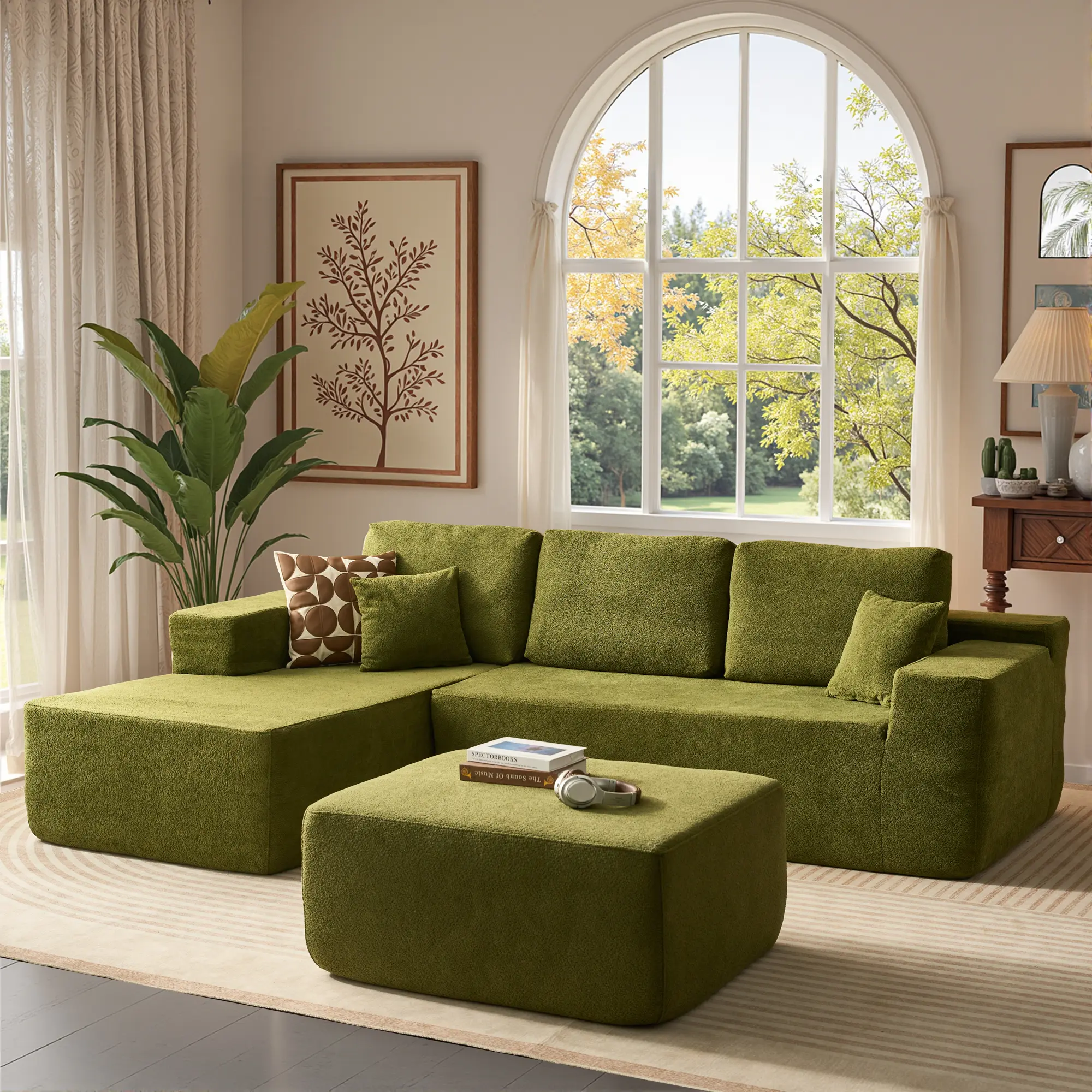 Green Cloud Velvet Left Chaise With Ottoman