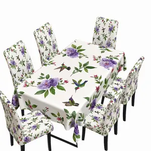 5/7-piece Purple Floral Hummingbird Dining Table and Chair Set; Fresh and Rustic Bird Pattern Tablecloth + Chair Covers; Springtime Home Decor for Dining Rooms