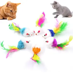 Cat Toys, 6 Pack Furry Rattle Mouse Toy Interactive Cat Toy with Feather Tail, 6 Assorted Faux Fur Kitten Toy 5.5” Realistic Size Mini Mice Cat Toy for Bored Indoor Adult Cat