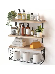 Floating Shelves, Bathroom Shelves Over Toilet, Wall Mounted Floating Shelves With Wire Basket, Wooden, 3 Shelves, 16.5x6x5.5 In