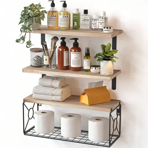 3-Piece Wooden Wall-Mounted Floating Shelf Set with Wire Basket - Easy Installation, Aesthetic Bathroom Decor, Storage Organization Shelves, Over-Toilet Space Saver, 16.5x6x5.5" Home Supply