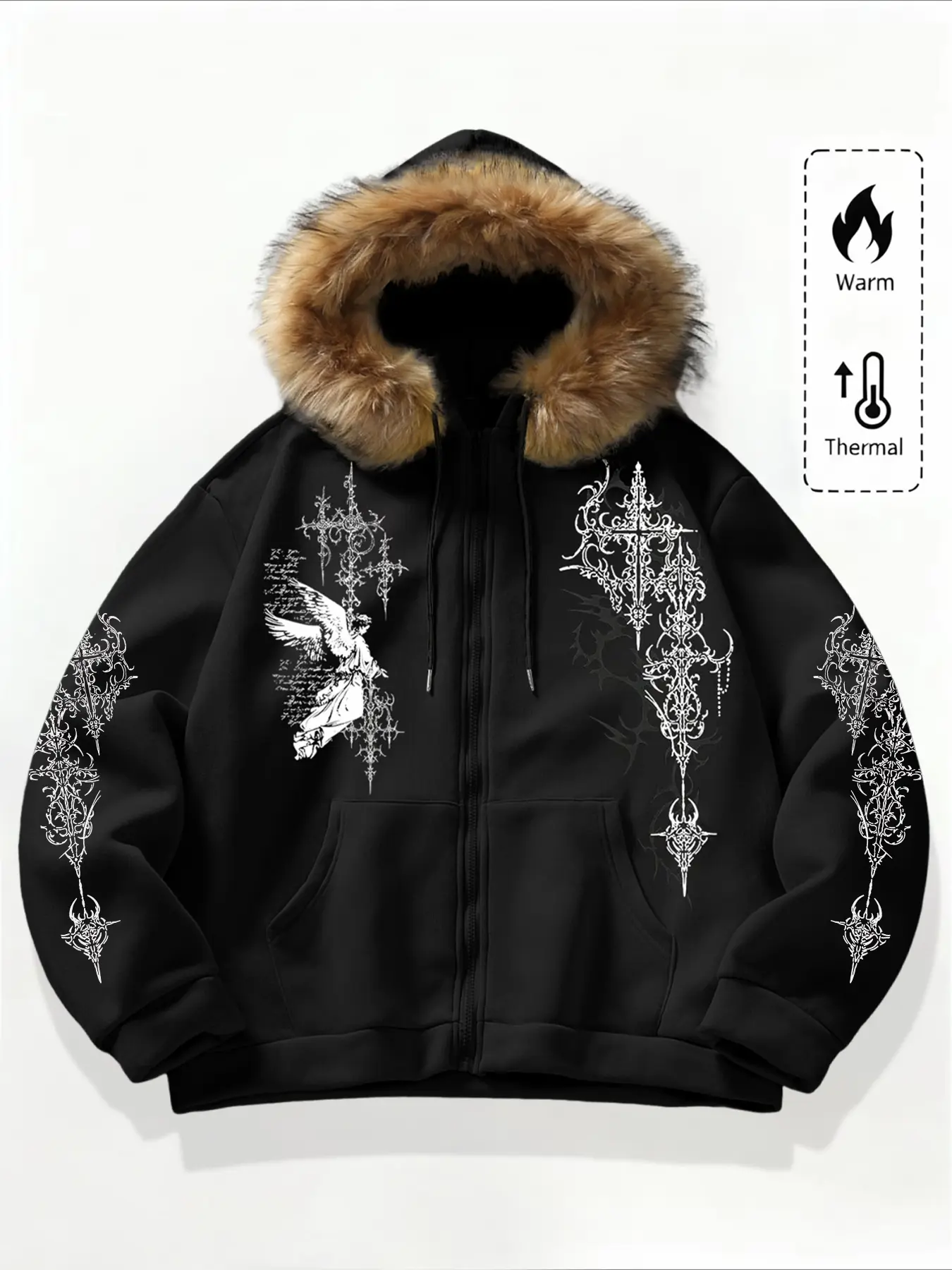 Men's Fleece Lined Hooded Sweatshirt Jacket Outerwear, Angel Pattern Letter Design Graphic, Long Sleeve Zipper Sporty Loose Fit Shirt, Fall & Winter Comfortable Knitwear, Casual Menswear, Graphic Print Hoodie