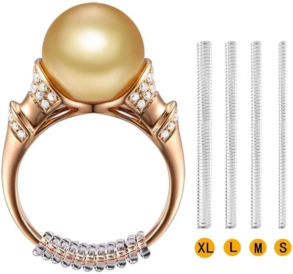 Ring Size Adjuster for Loose Rings, General 4 count Coil Design, Clear Invisible Ring Reducer Guards, hold ring in placeFit Women Men Ring,  with  Polishing Cloth, Comfortable