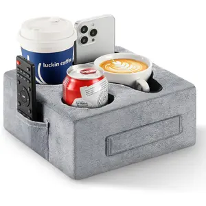 Couch Cup Holder Tray, Couch Cup Holder Pillow with 4 Holes, Side Pocket and Handle, Couch Caddy for Phone/Drinks/Remote Control/Snacks, Gray