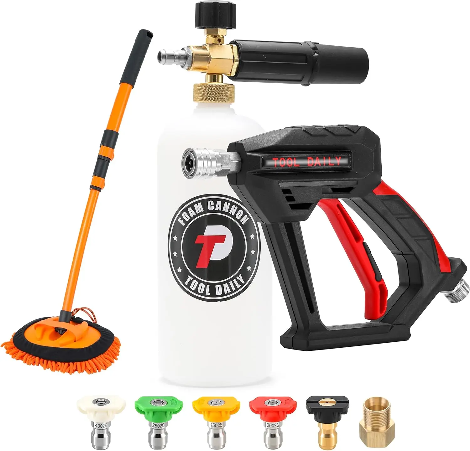 Tool Daily High Pressure Spray Pressure Washer Accessory Kit - Short Spray Lance, 1L Adjustable Foam Soap Lance for Thick Foam Wash, 15° Curved Long-Handle Brush, 5 Nozzle Tips, 1/4” Quick Connect (Father’s Day Gift for Car Enthusiasts, Wheel Cleaning), T
