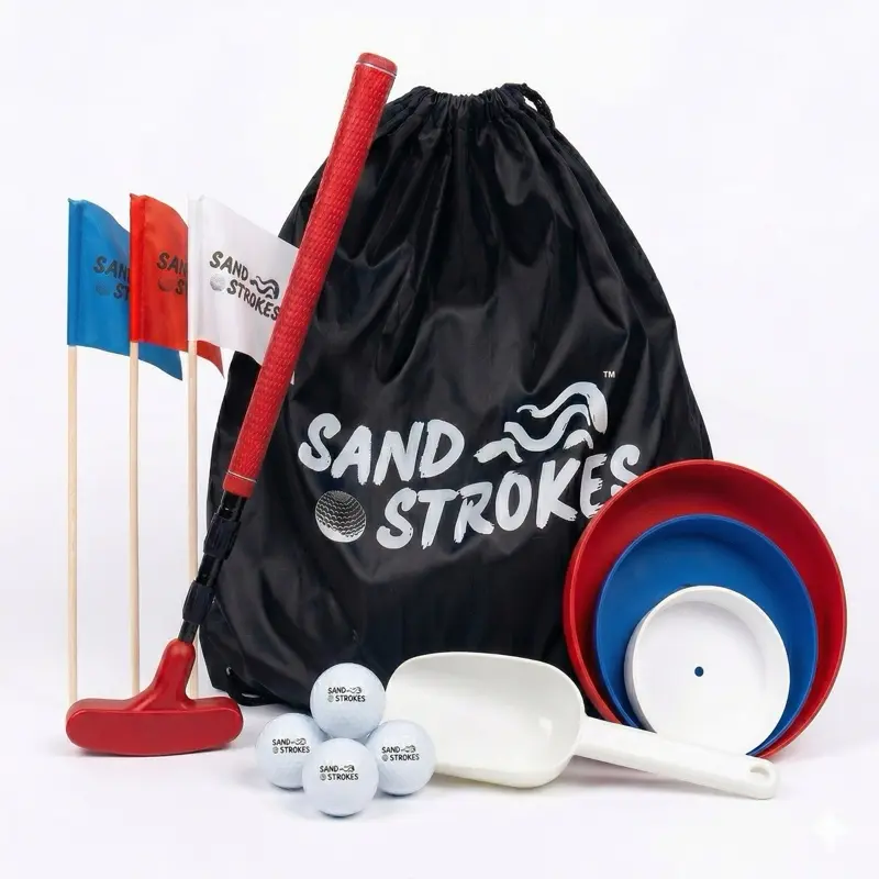 Sand Strokes Beach Golf Game - Outdoor Games with 3 Sized Holes, Adjustable Putter, 4 Balls, Shovel, Flagsticks, Family Friendly, Lightweight & Washable