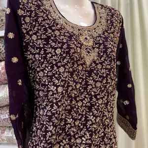 Intricate Design Dark Purple Shalwar Kameez High Quality Eid Collection with Gold Embroidery