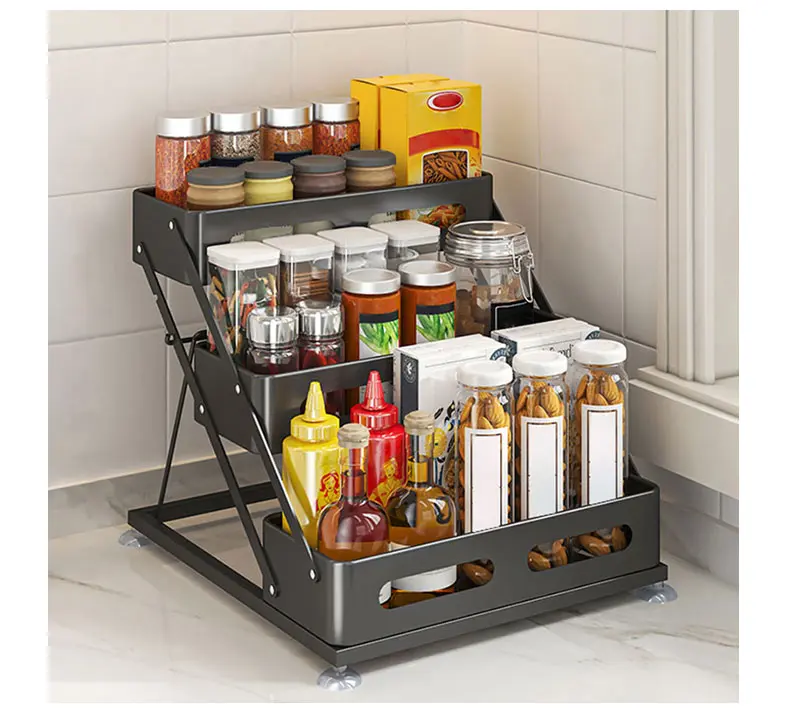 3 Tier Adjustable Spice Rack Organizer for Cabinet - Black Expandable Spice Shelf with Protection Railing for Inside Cabinets, Countertop, Pantry Storage & Seasoning Organization