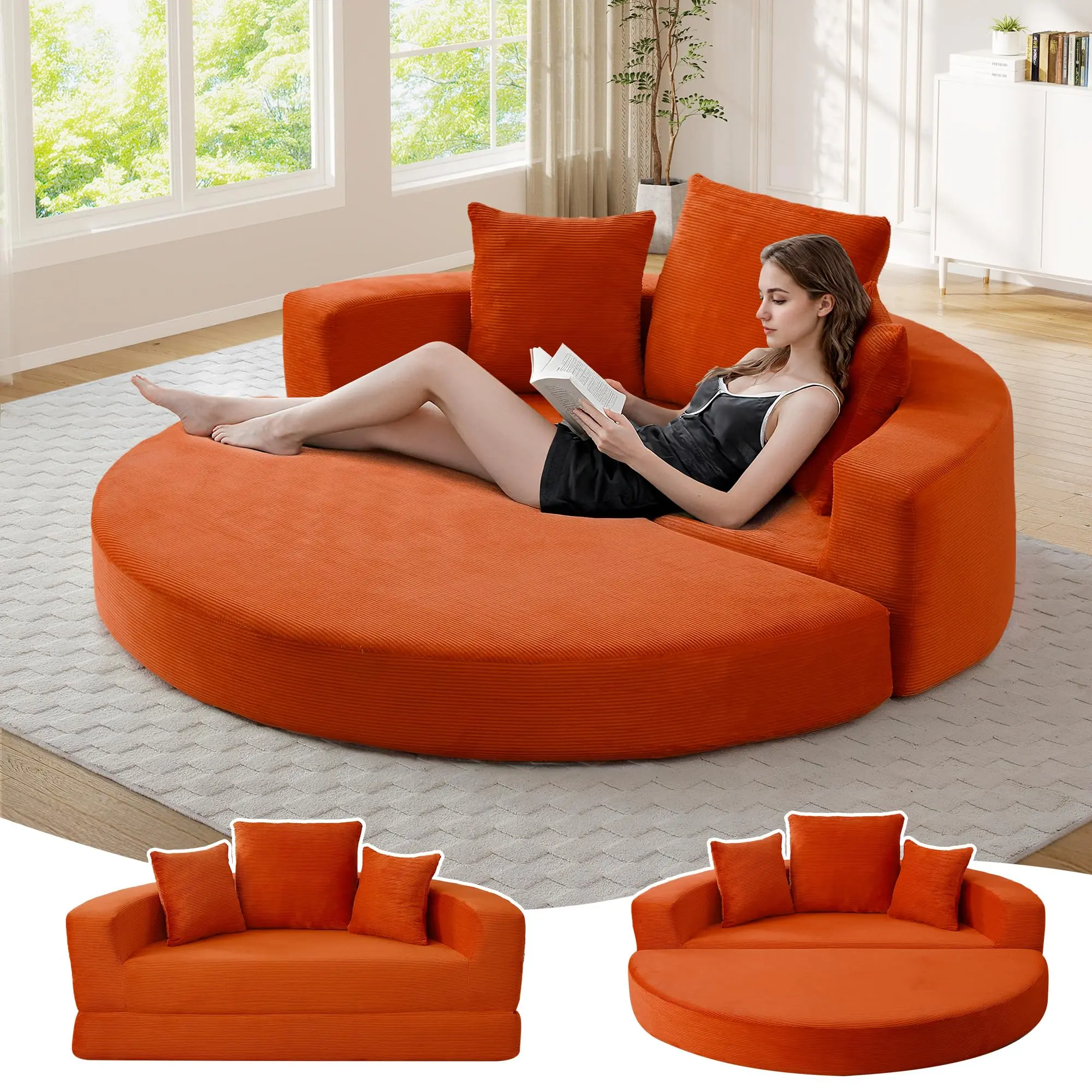 67” Oversized Round Sofa Bed, 2 in 1 Convertible Circle Bed Folding Futon Lazy Floor Round Chaise Lounge Chair Comfy Corduroy Boneless Loveseat Couch for Living Room Apartment No Assembly