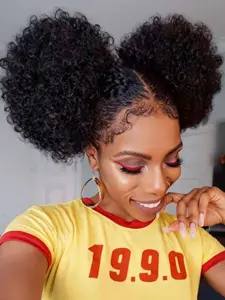 2 Pcs Afro Puff Drawstring Ponytail Retro Kinky Curly Ponytail Wig Clip In Bun Hair Piece For Women Synthetic Hair Extension For Daily Party , Halloween, Cosplay,Christmas, Parties, Etc. Synthetic Hair Wigs
