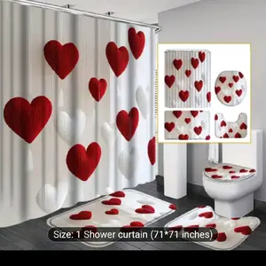 1 or 4pcs Heart Print Shower Curtain Set, Simple Red and White Heart Bathroom Set Including Floor Mat, U-Shaped Rug, and Toilet Lid Cover, with 12 Hooks, Valentine's Day Mother's Day Gift, Home Bathroom Decor Accessories