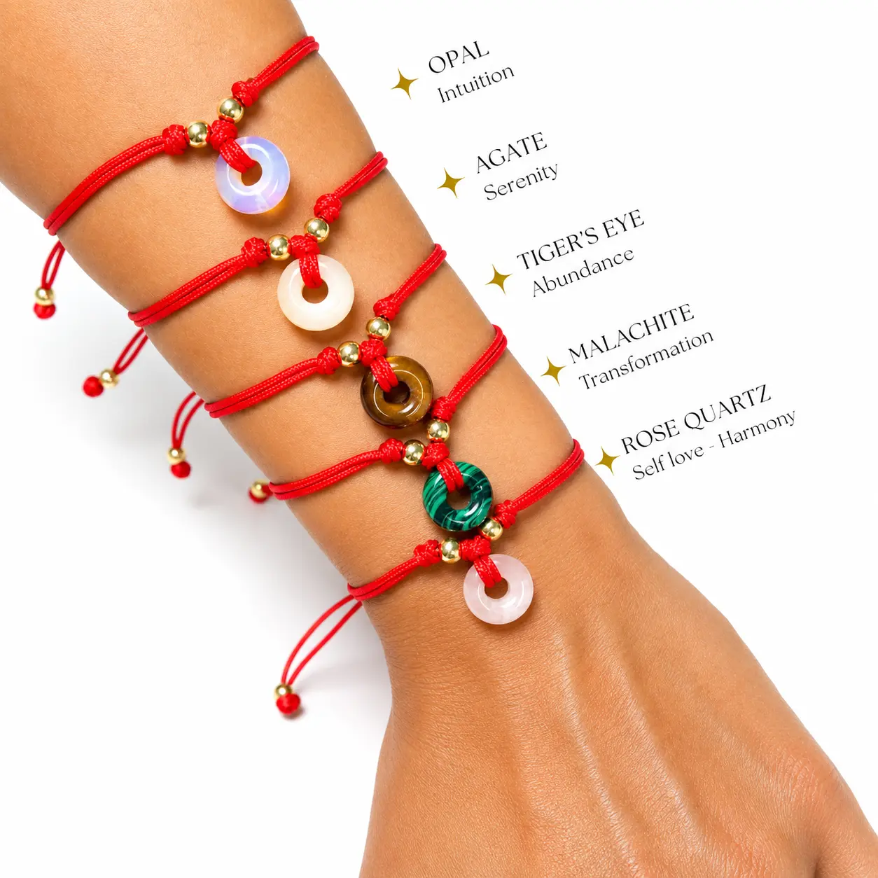 Red String Bracelet with Natural Stones - Rose Quartz Malachite Tiger's Eye Agate & Opal Protection Amulet Positive Energy Jewelry for Adults