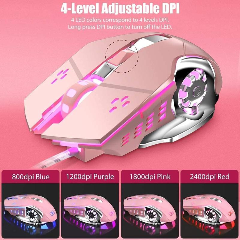 Pink Typewriter Keyboard and Mouse,Retro Vintage Mechanical Gaming Keyboard with White LED Backlit,104  Anti-Ghosting Blue  Wired Cute Keyboard,Round Keycaps for Desktop PC/Laptop