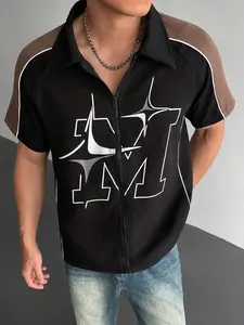 Men's Fashion Streetwear Patchwork Short Sleeve Shirt, Casual Slim Fit Short Sleeve Shirt, College Style Short Sleeve Shirt