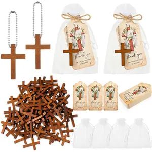 Tradder 100 Set Funeral Favor for a Memorial Service with 100 Wooden Cross Keychain Funeral Thank You Card Organza Bag Guest Sympathy Gift for Remembrance Bereavement Celebration of Life(Cross)