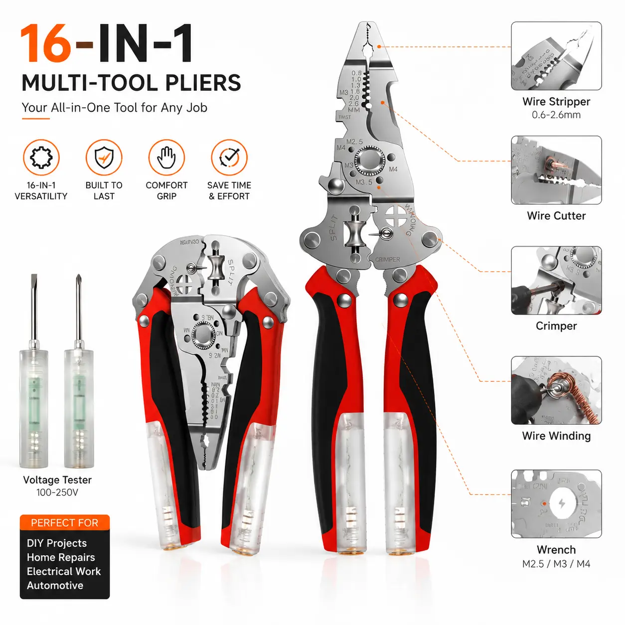 16-in-1 Multi Function Wire Stripper Tool, Heavy Duty Electrical Pliers with Built-in Voltage Tester & Wire Crimper, Professional Electrician Tools for Home DIY Wiring and Electrical Repair