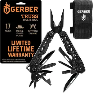 Gear Truss 17-in-1 EDC Needle Nose Pliers tool - includes Knife, Screwdriver, and Bottle Opener Accessories - Gifts for Men, Fishing and Camping Gear - Black with Molle Sheath