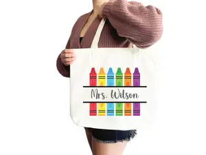 Personalized Teacher Crayon Canvas Tote Bag, Custom Teacher Tote Bag, Teacher Appreciation Gift, Custom Teacher Gift Tote Bag, Teacher Life Tote