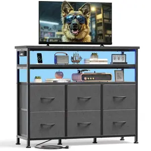 TV Stand with Massive Storage: 6 Fabric Drawers & 2 Shelves Media Console for up to 45\" TV, Wood Top Corner Entertainment Center with Charging Station & LED Lights