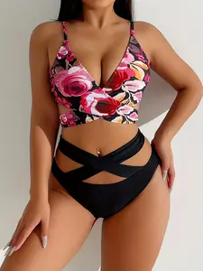 Women Bikini Set, Floral Print Cross Wrap V Neck Cutout 2 Piece Swimsuit, Adjustable Spaghetti Strap Back Tie High Stretch Swimwear for Beach Pool Summer Vacation