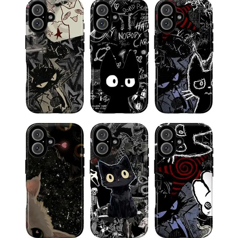 BLACK CAT Phone Case,with Scribbles, Skulls - Compatible with iPhone 11, 12, 13, 14, 15, 16, 17 Series, Samsung Galaxy S21, S22, S23, S24, S25, S26,Trendy and Protective Case for Every Style