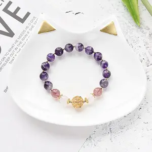 JMWX Gold Hollowed-out Bead Natural Amethyst Strawberry Crystal White Moonstone Bracelet for Women Fine Jewelry YBR235 Exquisite Craftsmanship Elegant Design Adjustable Healing Crystal Necklace